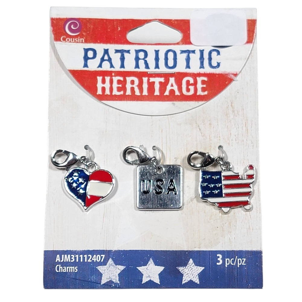 Cousin Patriotic Clip On Charms 3 Pc USA Americana 4th of July Jewelry‎ Making